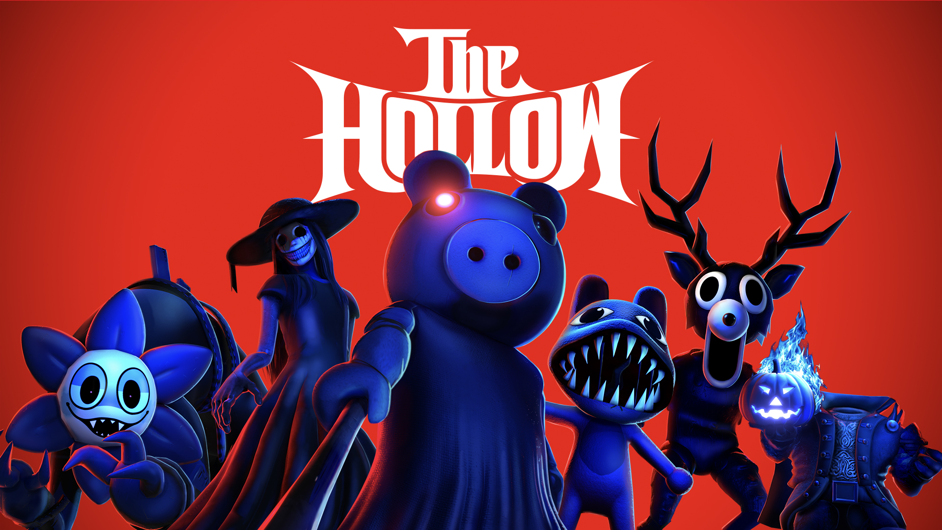 Official The Hollow artwork featuring Piggy, Twisted Dandy, The Deer and other horror characters against a red background.