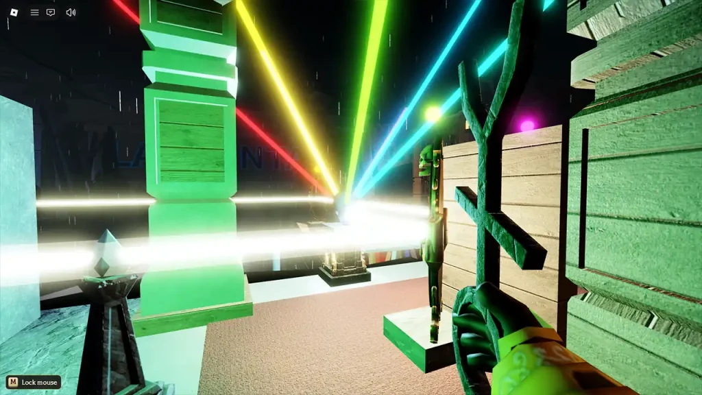Published gameplay screenshot: colored rays converge at the target while white reflections pass through the mirrors.