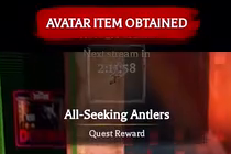 AVATAR ITEM OBTAINED banner naming All-Seeking Antlers.