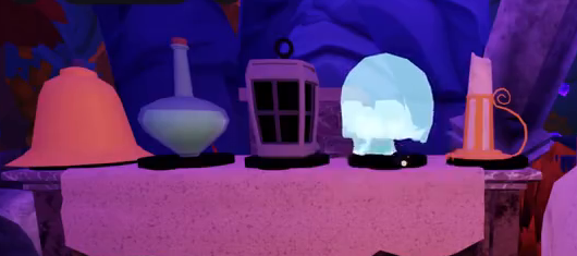 The five Floor 8 objects on their table in a purple cavern.